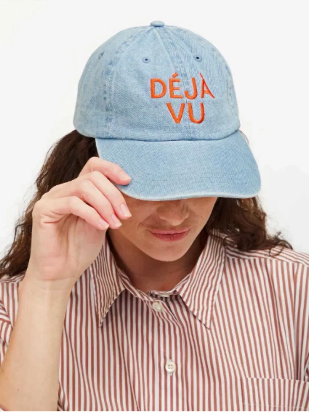 Clare V Light Wash Denim 'DÉJÀ VU' Baseball Cap Orange Red Embroidery
